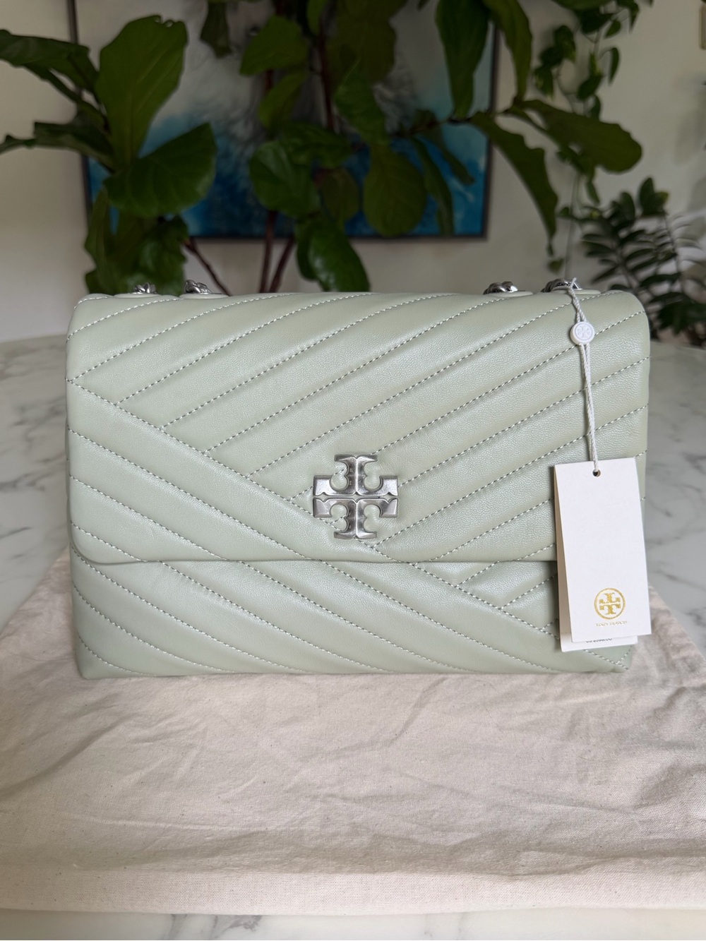 NWT Tory Burch Kira Chevron Convertible Shoulder Bag Pine Frost Light Pale Green